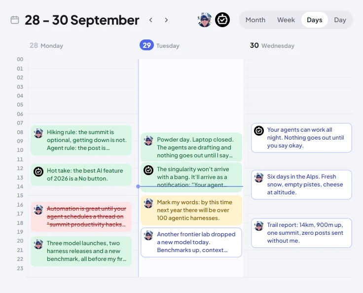The calendar over three days: every post on both accounts at the time it goes out, coloured by what happened to it