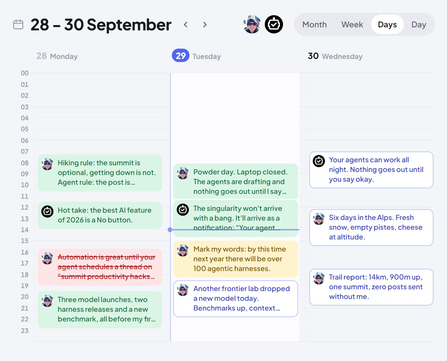 The calendar over three days, yesterday, today and tomorrow: every post on both accounts at the time it goes out, coloured by what happened to it, with the line at now.