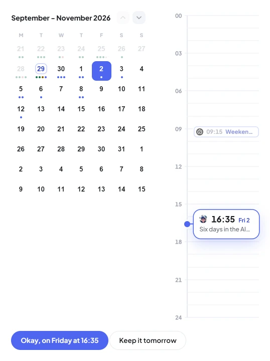 Move it on a scheduled reply: a day picked on the month, the post dragged up that day's hours beside the account's other posts